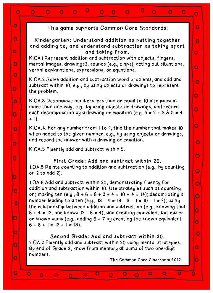 The Common Core Classroom: Ten Frame Game for Math Daily 5!