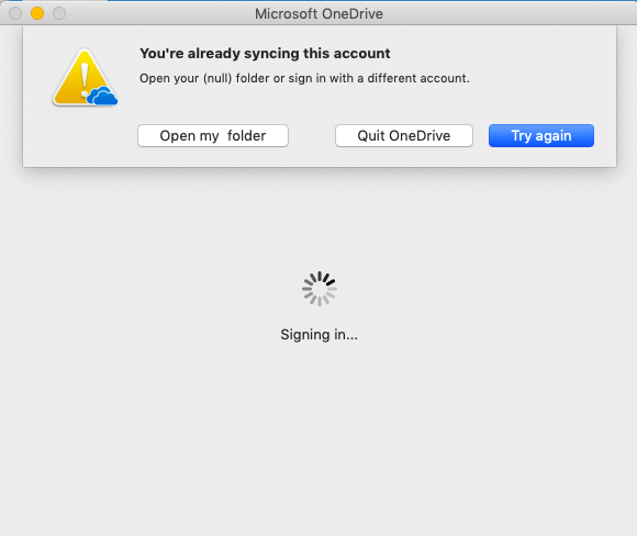 คุณกำลังซิงค์บัญชีนี้อยู่แล้ว - ข้อผิดพลาด OneDrive for Mac