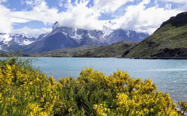 Birding Patagonia: Lake with mountains behind and picturesque clouds in Torres del Paine National Park in Chile