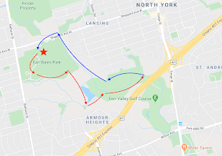 Map of a 5 km dog-friendly hiking loop in Earl Bales Park, Toronto.