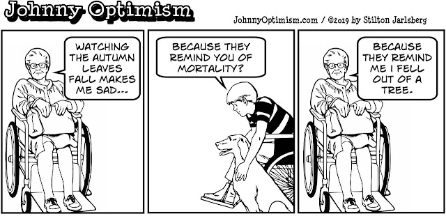johnny optimism, medical, humor, sick, jokes, boy, wheelchair, doctors, hospital, stilton jarlsberg, wheelchair woman, fall, autumn, leaves, mortality