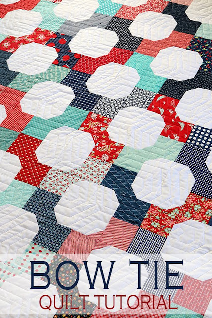 Bow Tie quilt tutorial from Andy of A Bright Corner - A fat quarter quilt that also makes a great scrap quilt project! 