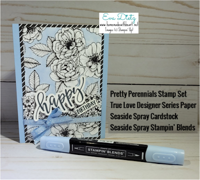Seaside Spray cardstock with Pretty Perennials  stamp set true love designer series paper Happy Birthday Card
