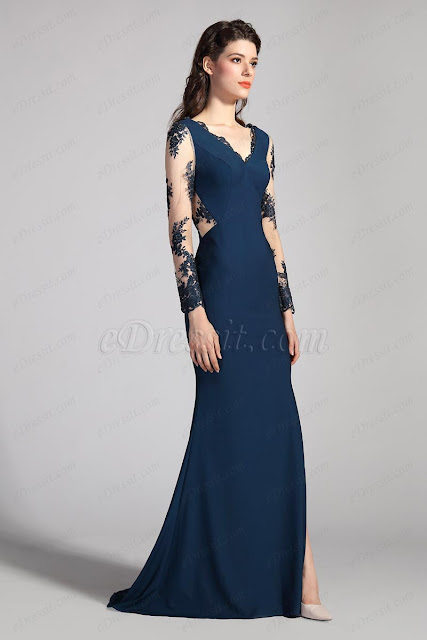 NEW Blue V-Cut Sleeves High Slit Party Dress