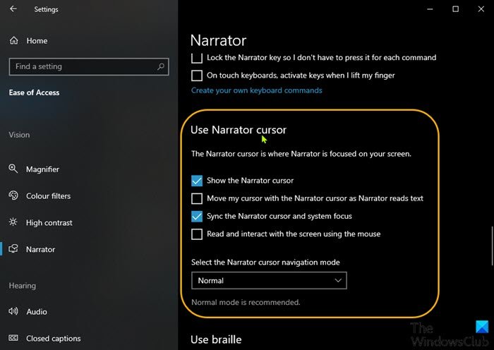 Personalizar la configuración del cursor del narrador