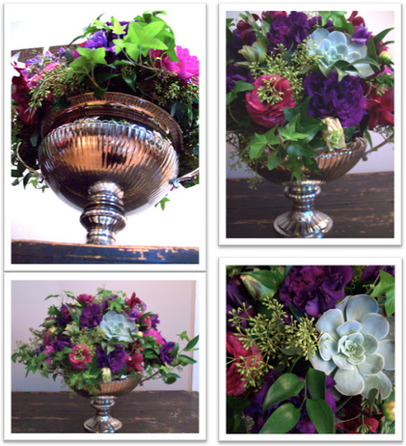 michigan wedding florist, centerpiece, secret garden, english garden, silver urn vase, silver pedestal vase, elegant guest table arrangement, sweet pea floral design, holly rutt, purple, succulent, lisianthus, ranunculus, sweet pea, bride, country club