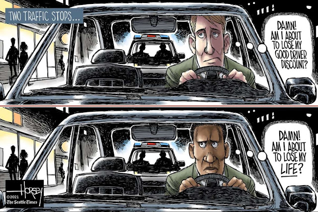 Title:  Two Traffic Stops.  Image One:  White driver sees police in his rear view mirror and thinks, 