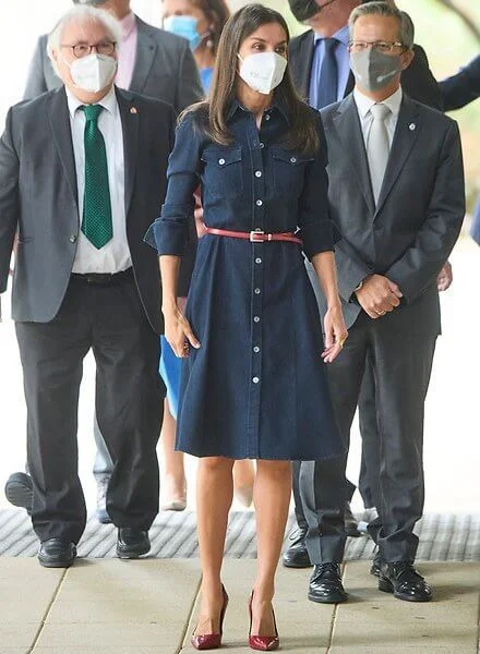 Queen Letizia wore a navy Caddli stretch denim dress by Hugo Boss, and leather pumps by Hugo Boss