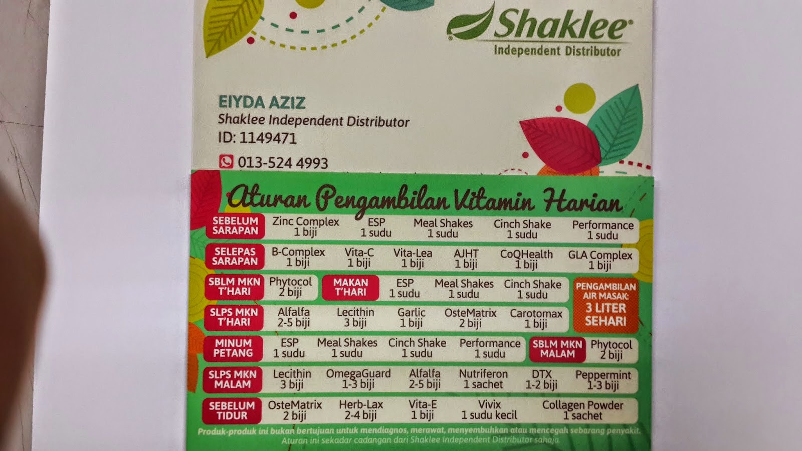 Jadual Pemakanan Vitamin Shaklee