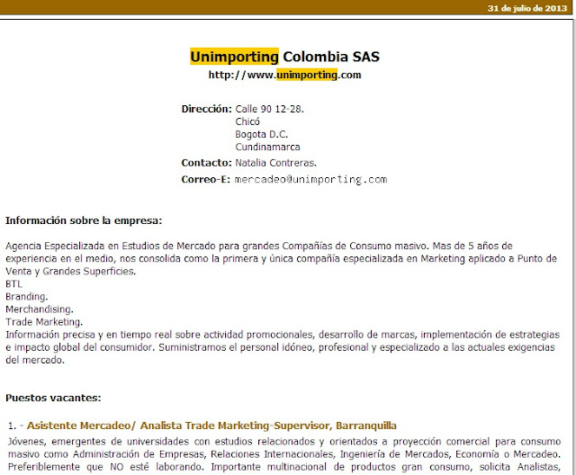 Aquí algunas de las ofertas de empleo que hace Unimporting SAS