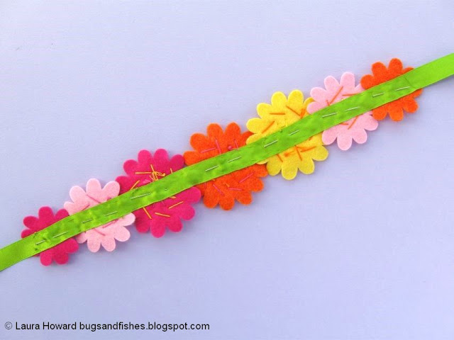 Felt Flower Crown Sewing Tutorial: add the flowers to a piece of ribbon
