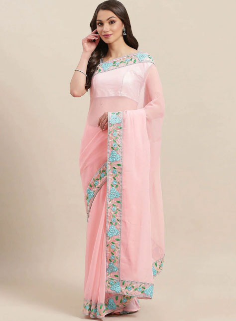 Pink-Floral-Embroidered-Saree