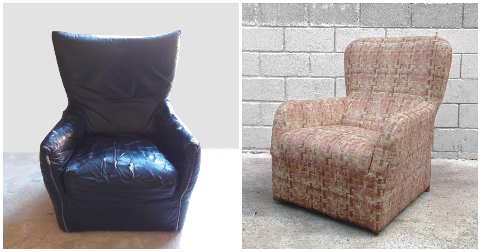 Antes y después - Un sillón negro retapizado con una tela de colores suaves efecto pincel Antes y después - Un sillón negro retapizado con una tela de colores suaves efecto pincel