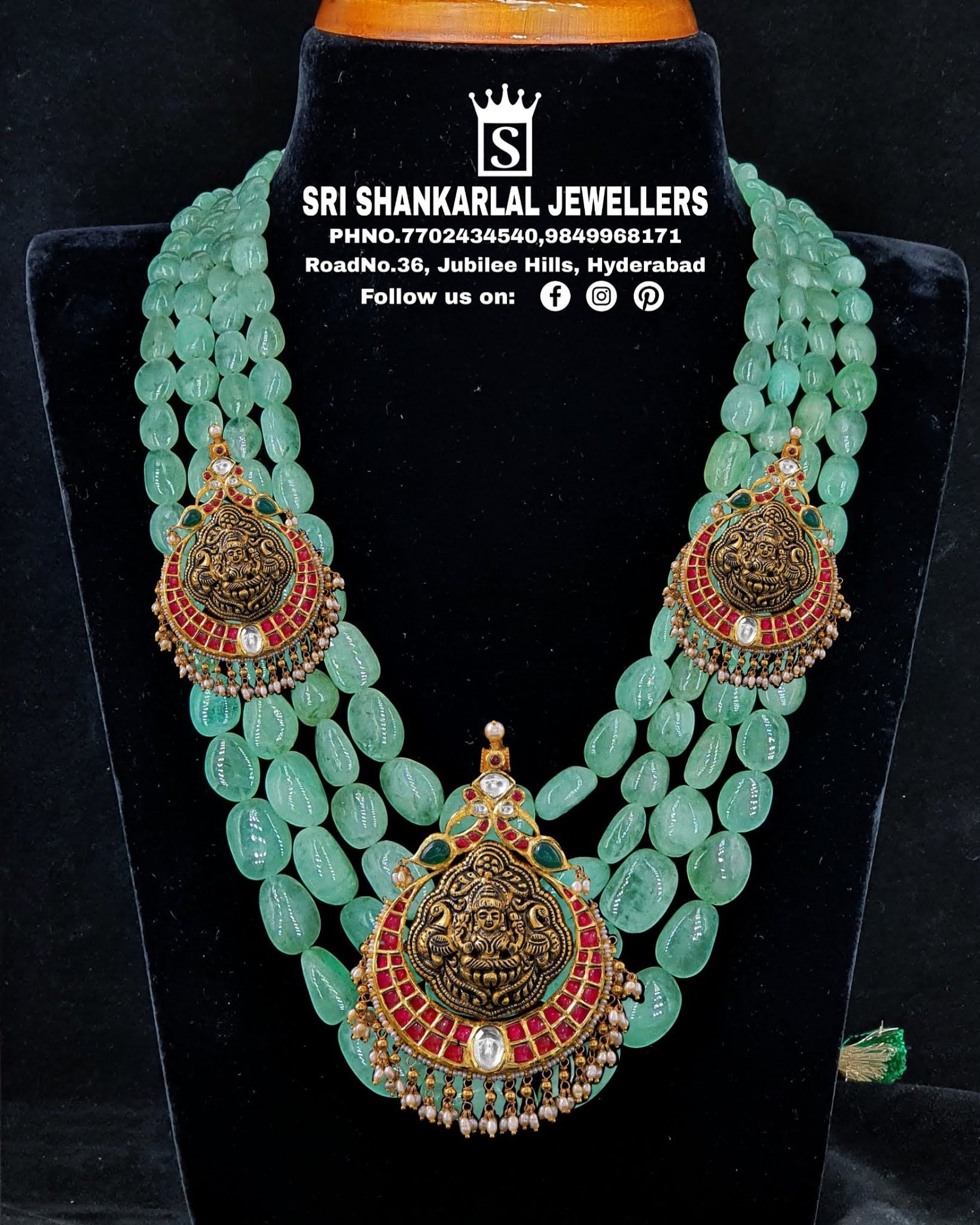 Emerald Beads Set with Lakshmi Pendant Jewellery Designs