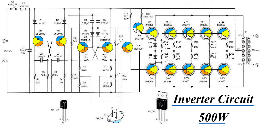 Inverter Circuit 12VDC to 220V 50Hz 500W Electronic Circuit