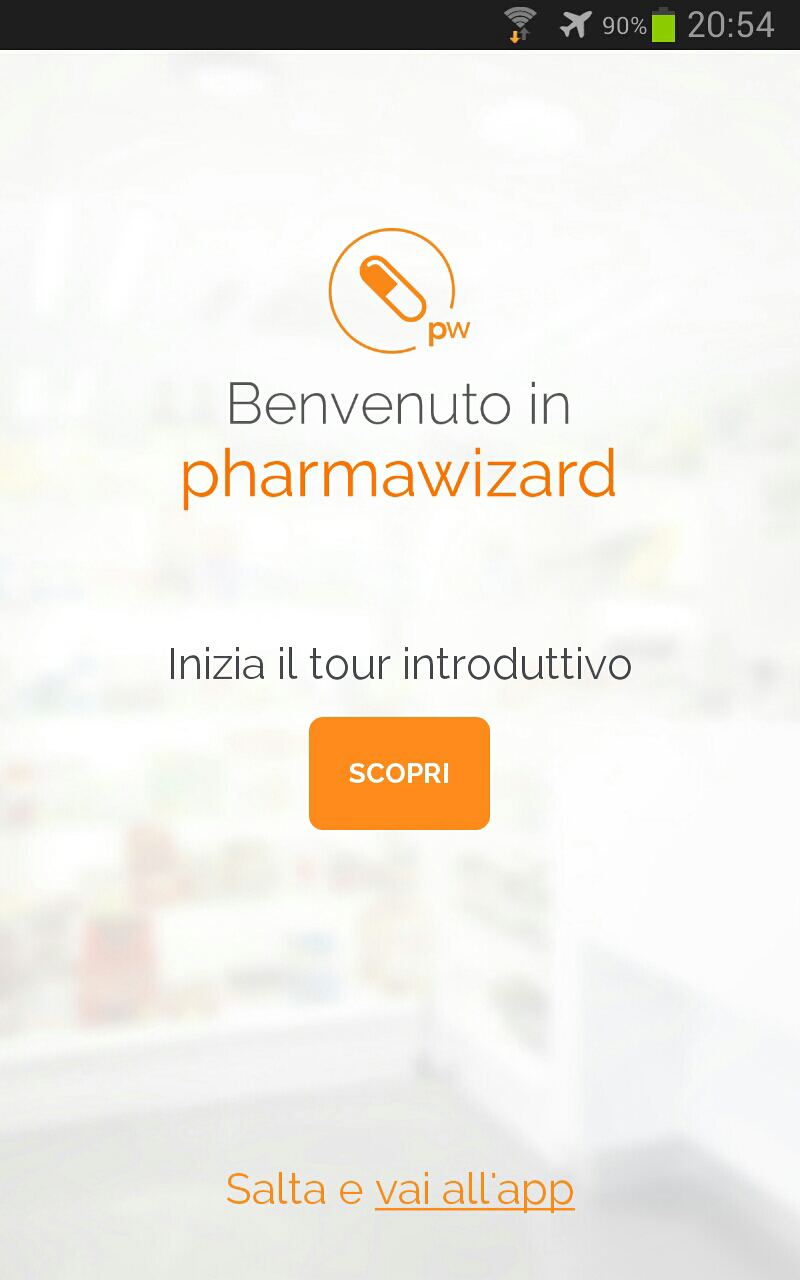 schermata di benvenuto nell'app Pharmawizard