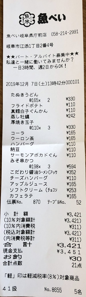 魚べい 岐阜県庁前店 2019/12/7 飲食のレシート