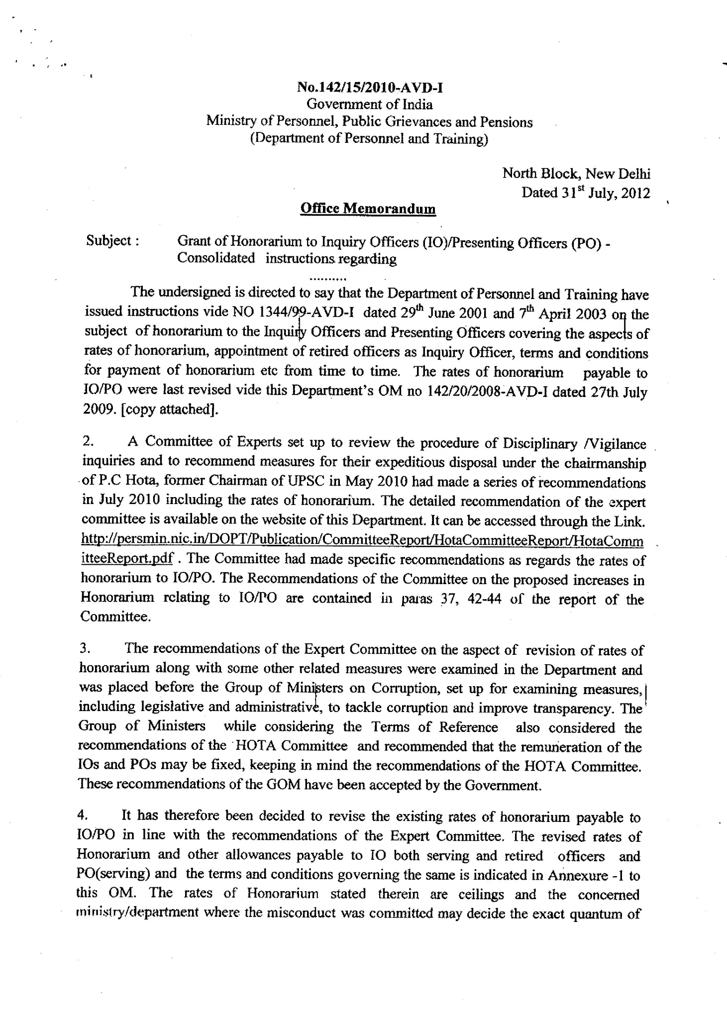 Grant of Honorarium to Inquiry Officers (IO)/Presenting Officers (PO