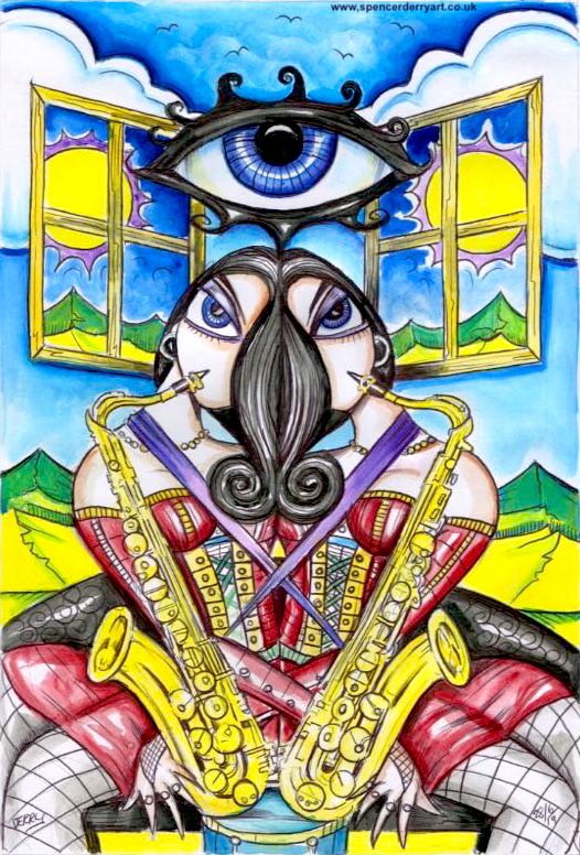 Original Art by Artist Spencer J. Derry Sax Addicts - Original Surrealistic Art Drawing