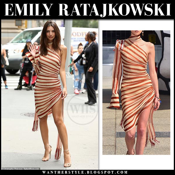 Emily Ratajkowski in red striped one shoulder dress in New York on June