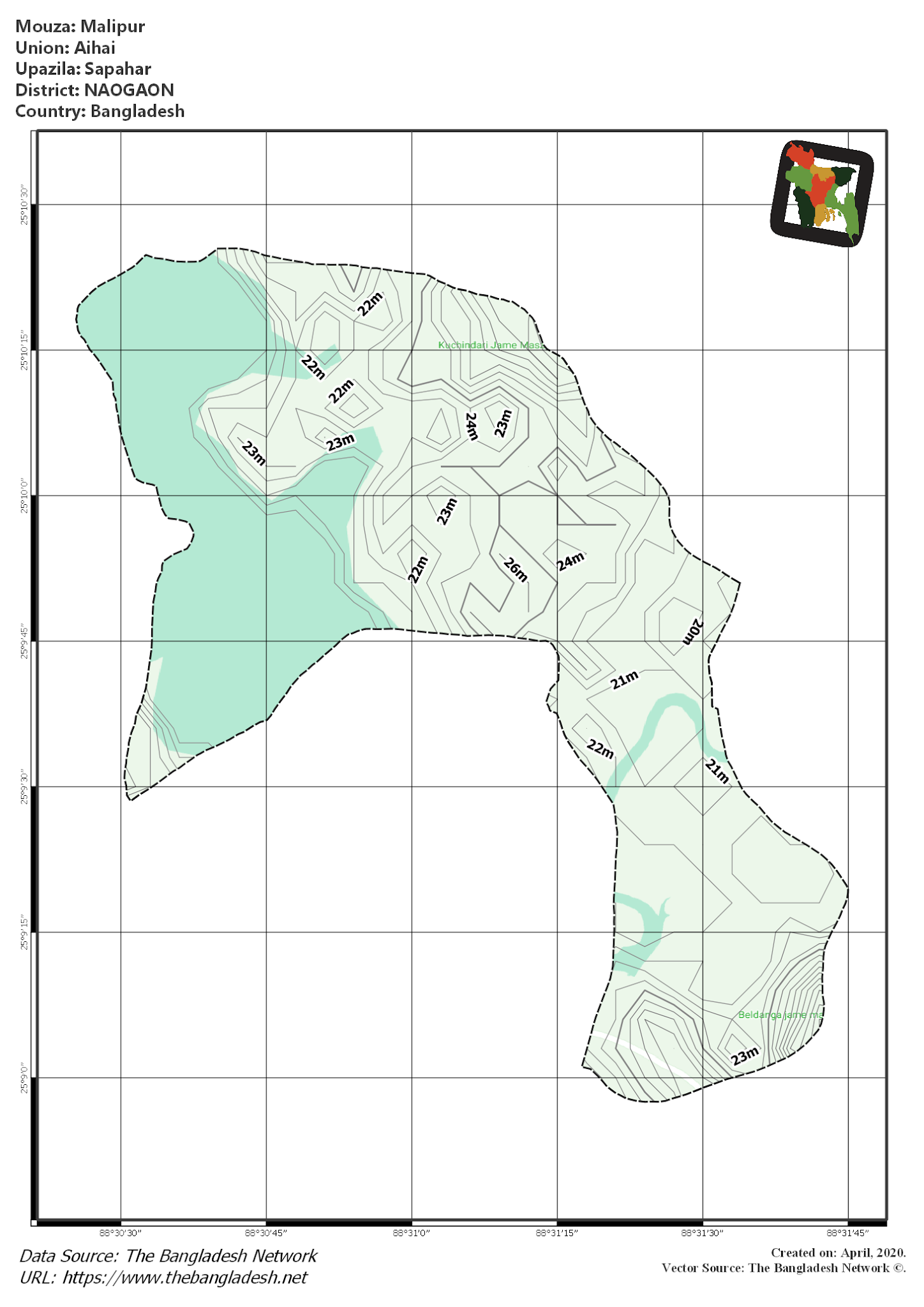 Map of Malipur Mouza of Sapahar Upazila, NAOGAON, Bangladesh.