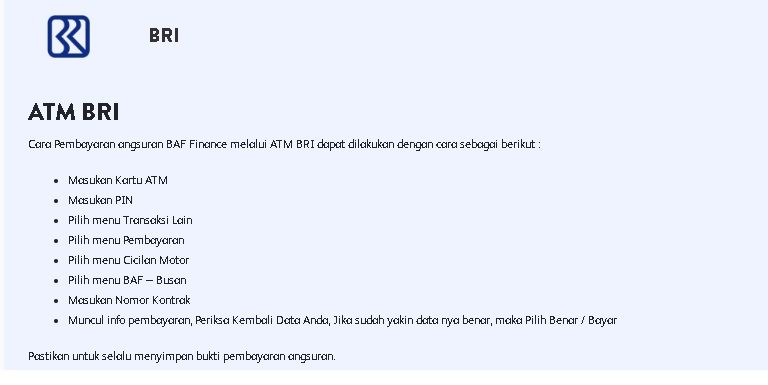 Cara Pembayaran Angsuran Kredit BAF Melalui ATM BRI cara