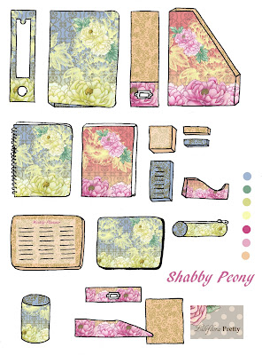 office supplies, stationary, mockup, peony, floral, floral repeat, shabby chic, pink, blue, intray, binder, journal, pencil case
