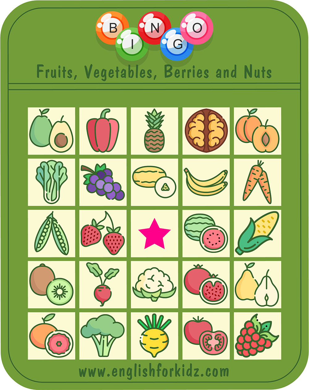 English for Kids Step by Step Fruits and Vegetables Bingo Game