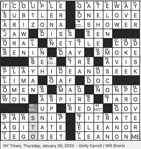 Rex Parker Does the NYT Crossword Puzzle: Official of ancient Rome / THU  1-30-20 / Arrow poison / Gift that comes in pieces / Star Wars Jedi  familiarly