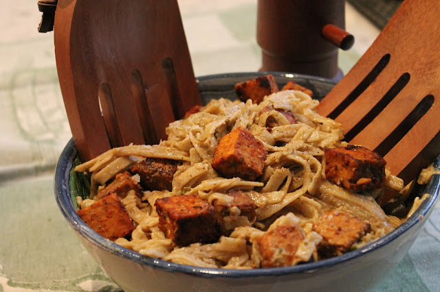 Vegan Pesto Pasta with Spicy Tempeh