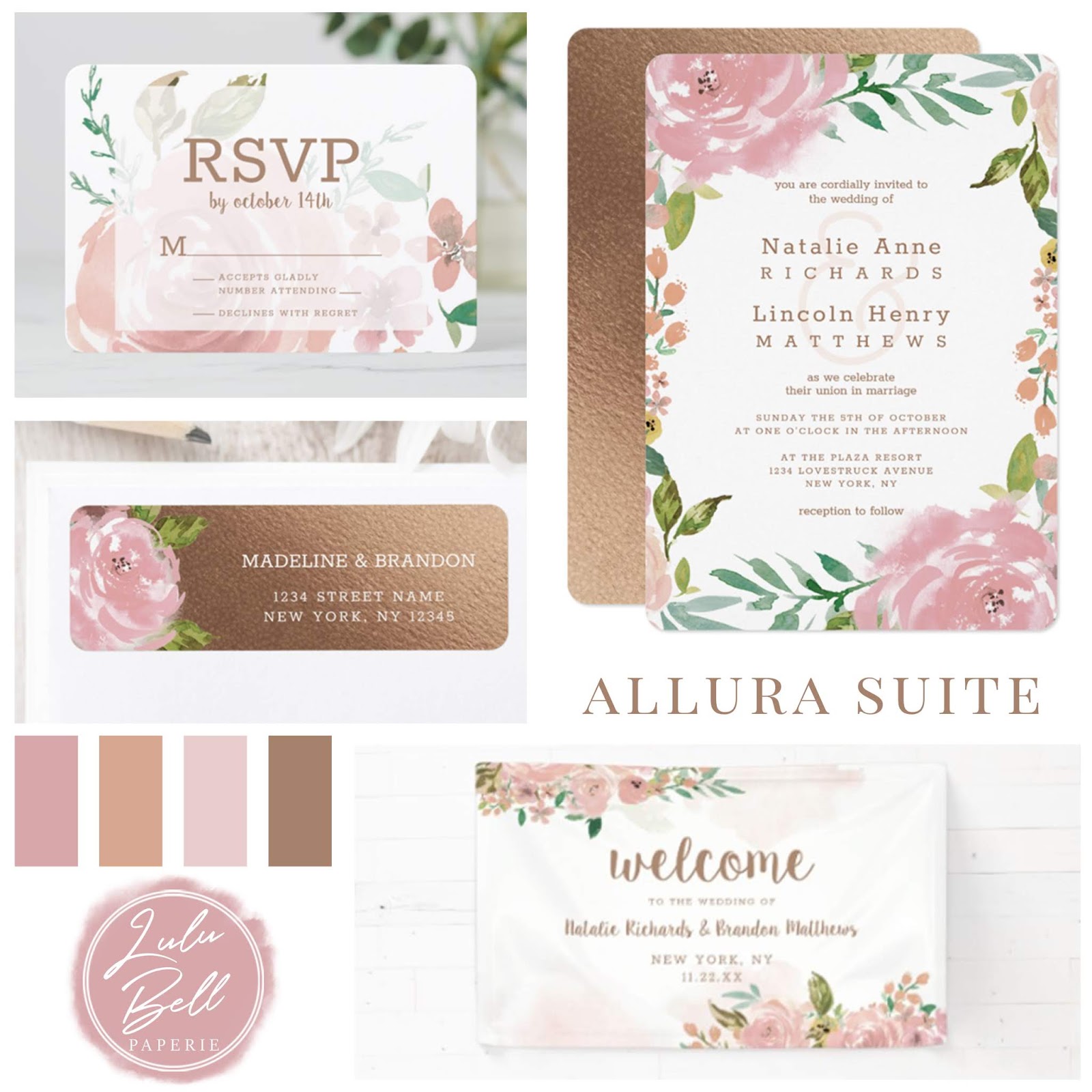 Vintage Allura Rose Wedding Collection - RSVP Cards, Invitations, Return Address Labels, and Welcome Sign
