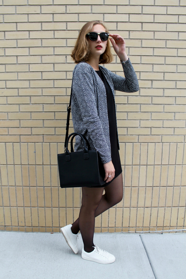 LBD, white trainers, black purse and geometric printed vest #ootd