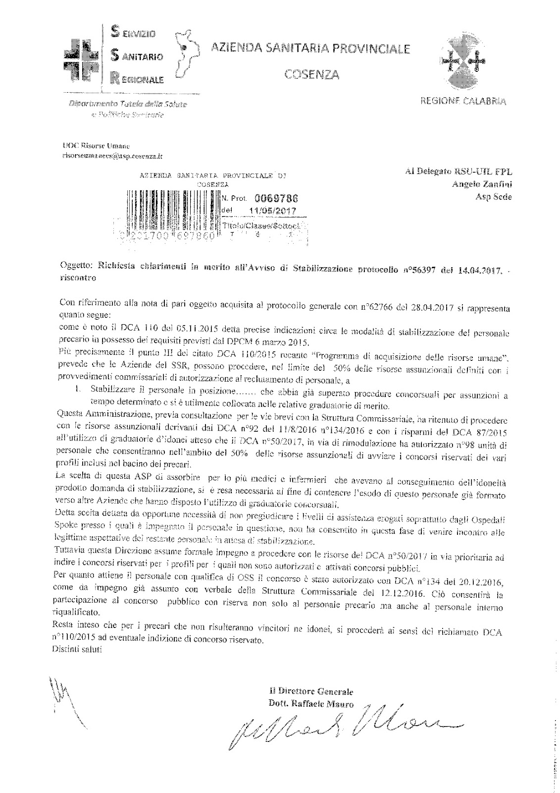 RSU ASP COSENZA Risposta Direzione a lettera chiarimenti su Avviso di Stabilizzazione