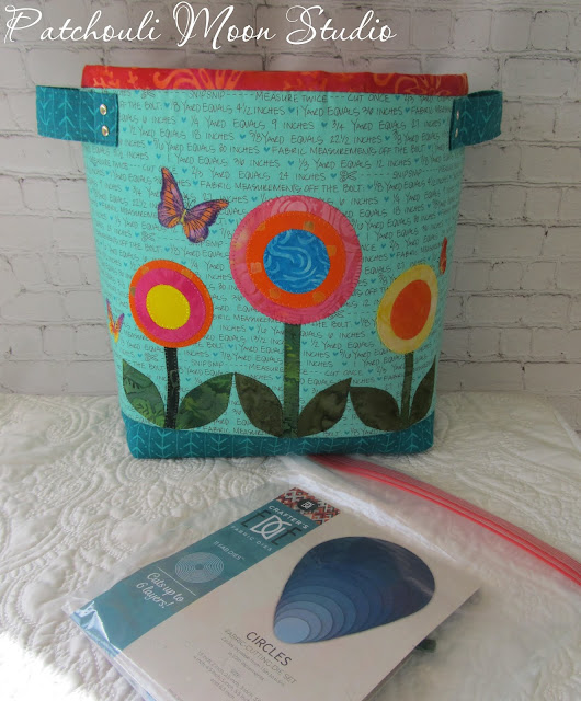 Patchouli Moon Studio~ Fabric Container to Hold Crafter's Edge Die Cuts & Plates Fabric container with handles and applique circle shaped flowers