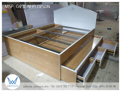 Mẫu giường 2 tầng thấp ngôi nhà 1m6 và 1m2 đa năng G2TT-NHA.02SDN phối melamine vân gỗ sồi và màu trắng
