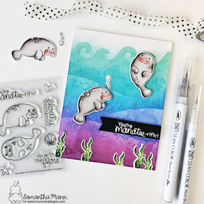 You're Manatee-rific Card by Samantha Mann for Newton's Nook Deisgns, Stencil, Distress Inks, Ink Blending, Watercolor, Cards, Card Making, Handmade Cards, #newtonsnook #newtonsnookdesigns #manatee #cards #cardmaking #distressinks #inkblending