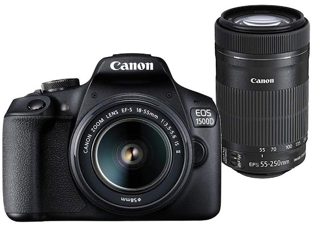 Canon EOS 1500D 24.1MP Digital SLR Camera (Black) with 18-55 and 55-250mm is II Lens, 16GB Card and Carry Case