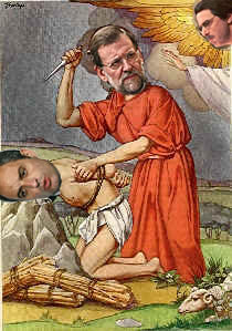 imagen en la que se ve a Camps como Isaac, Rajoy como Abraham y a Aznar como Dios