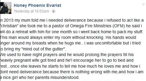 PHOTO: People Dig Out Old Facebook Post Where A Lady Accused A Pastor Of Omega Fire Ministries Of S3xual Assault