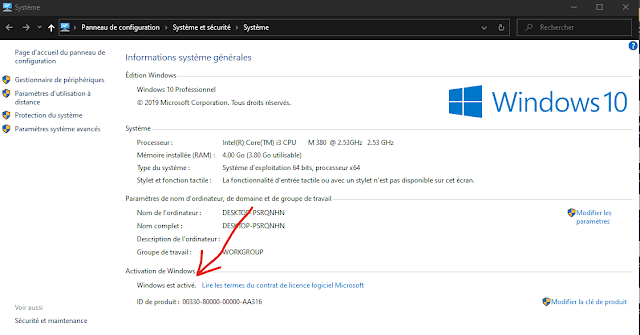 Activation Windows 10 avec Serial origine