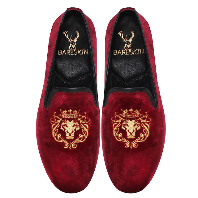 BARESKIN MEN'S HANDMADE LION-KING EMBROIDERY RED VELVET LEATHER SLIP-ON SHOES BARESKIN MEN'S HANDMADE LION-KING EMBROIDERY RED VELVET LEATHER SLIP-ON SHOES