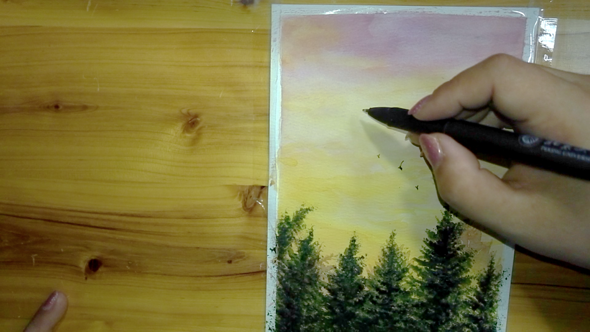 Watercolor pink sunset forest landscape,How to draw sunset, Come to see my web online class
