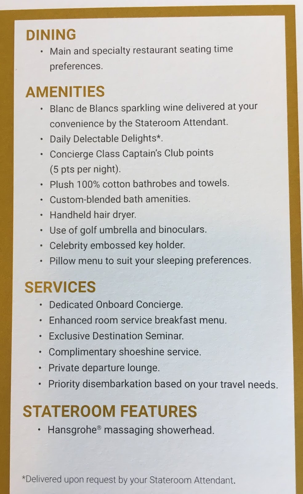 celebrity cruise concierge room service menu