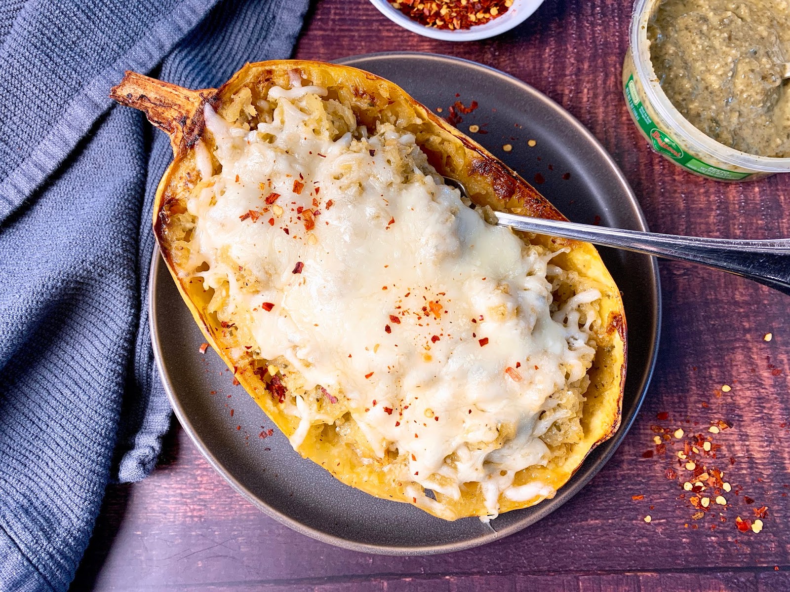 Baked Spaghetti Squash with Pesto and Mozzarella