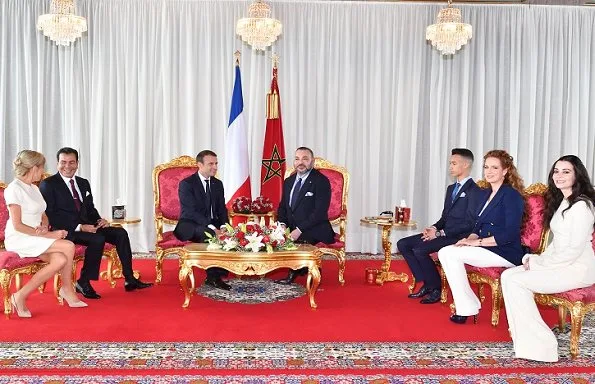 King Mohammed, Princess Lalla Salma and Prince Moulay Rachid, President Emmanuel Macron and Brigitte Macron at Rabat Airport