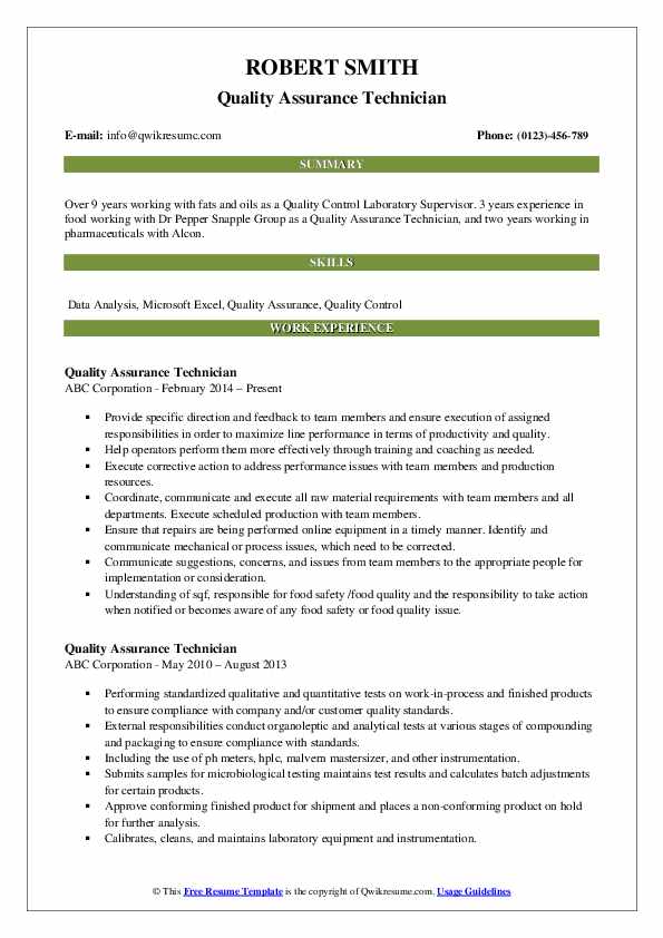 Quality Assurance Technician Job Description Resume Letter