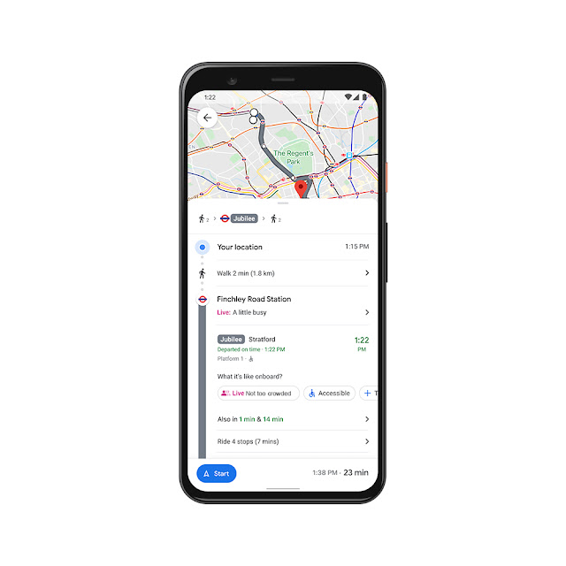 Screenshot der Google Maps App zu einer Route mit einer U Bahn in London