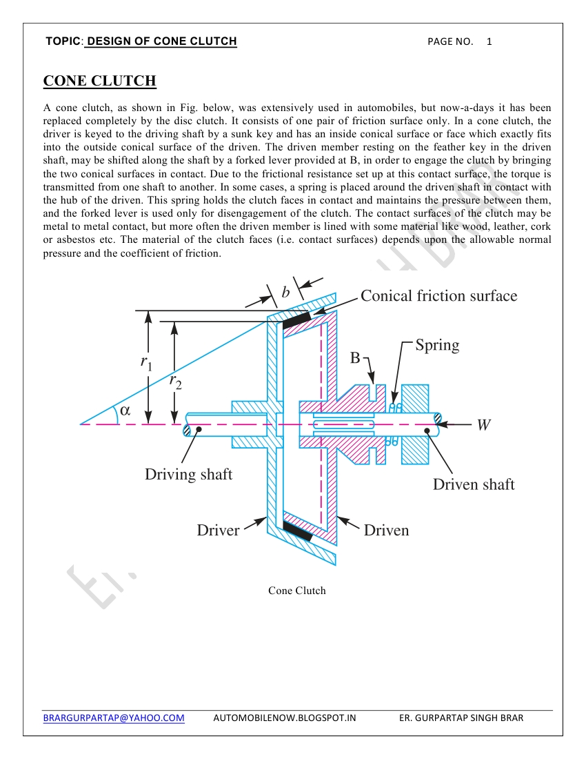 AUTOMOBILE/ MECHANICAL ENGG. Design Of Cone Clutch