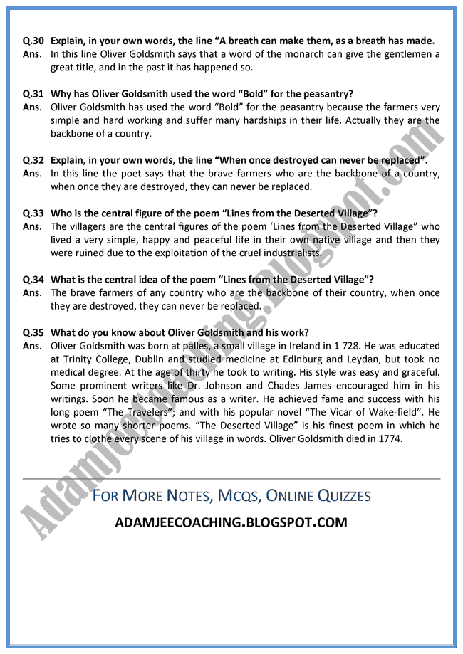 Adamjee Coaching Lines from the Deserted Village Question Answers English XI