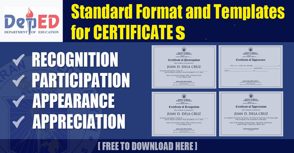 DepEd Standard Format and Templates for Certificates